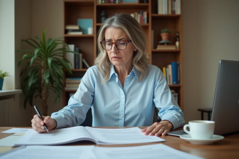 Femme consultant des documents administratifs pour obtenir un acte de naissance sans erreur