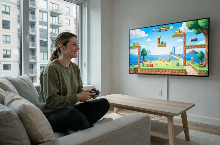 Femme joueuse détendue sur un canapé jouant à un jeu vidéo coloré sur télévision dans un salon moderne