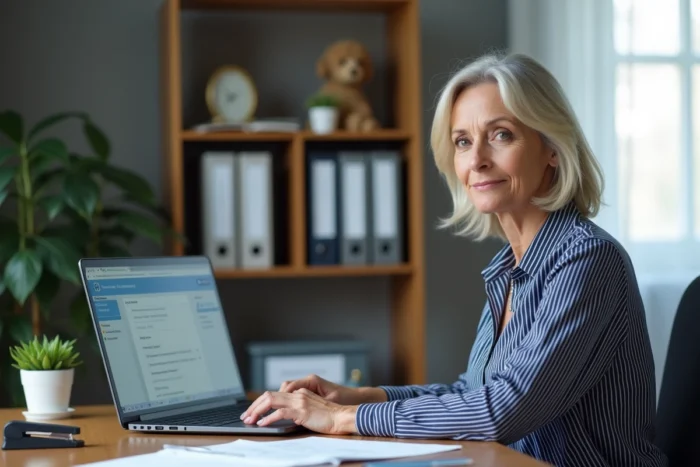 Femme gérant son compte CESU en ligne sur un ordinateur portable dans un bureau à domicile, illustration de la simplification administrative de l'emploi à domicile