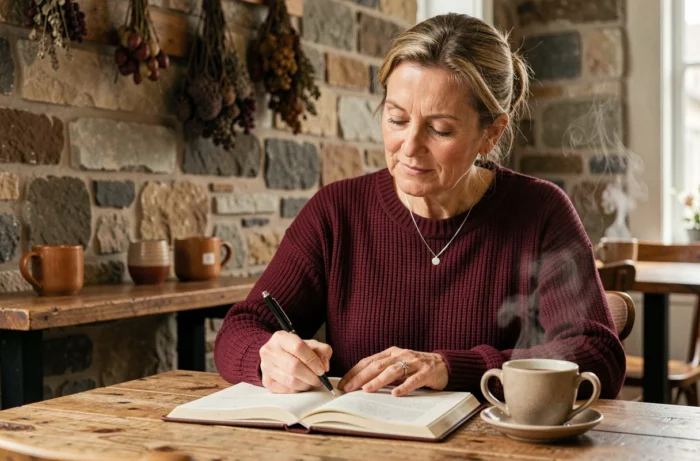 Femme écrivant dans un journal intime dans un café en pierre incarnant la réflexion personnelle et la croissance spirituelle