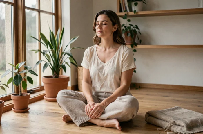 Femme en méditation assise sur le sol en bois d'un intérieur zen pour illustrer la transition spirituelle et l'épanouissement intérieur