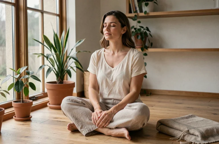 Femme en méditation assise sur le sol en bois d'un intérieur zen pour illustrer la transition spirituelle et l'épanouissement intérieur
