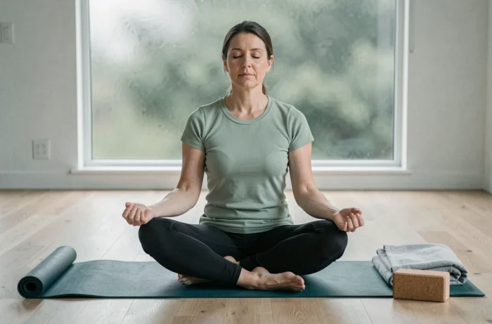 Femme en posture de méditation sur tapis de yoga dans un studio minimaliste à la maison, atmosphère sereine