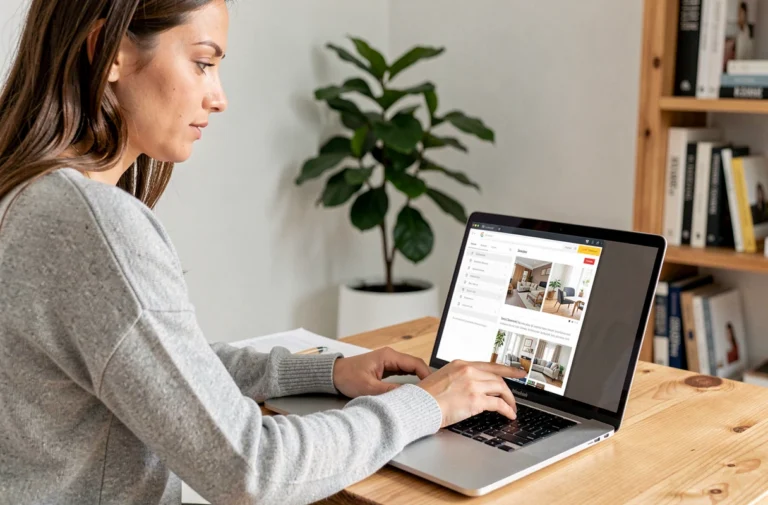 Femme naviguant sur le plan du site Incroyable Maison depuis son bureau à domicile