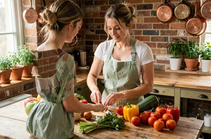 Femme préparant des légumes frais colorés dans une cuisine rustique pour une alimentation saine et gourmande