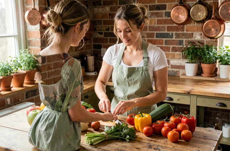 Femme préparant des légumes frais colorés dans une cuisine rustique pour une alimentation saine et gourmande