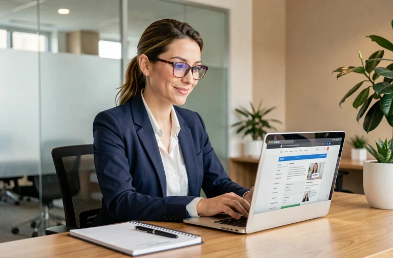 Femme professionnelle naviguant sur le plan du site Plein Emploi depuis son bureau en open space