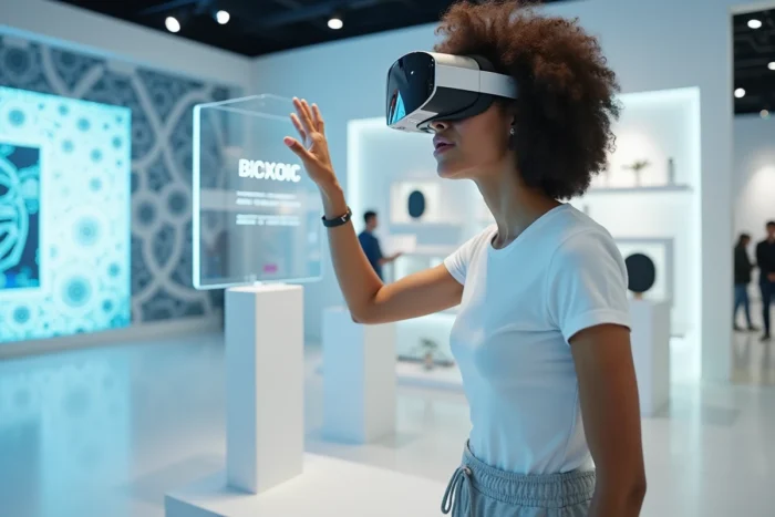 Femme découvrant un casque de réalité augmentée dans un showroom technologique futuriste