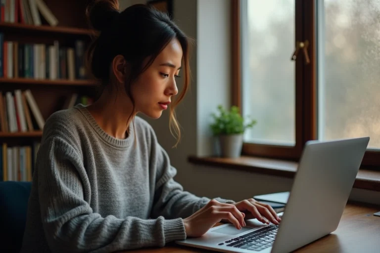 Femme cherchant l'adresse officielle de 1jour1film sur son ordinateur portable dans un bureau à domicile