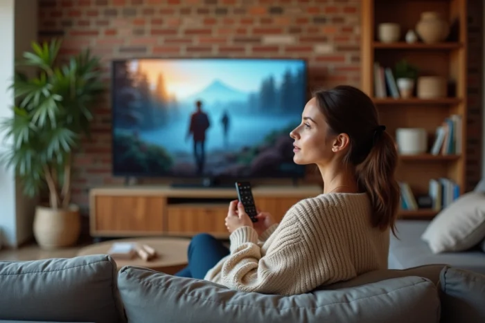 Femme regardant une nouvelle série sur son téléviseur dans un salon moderne et chaleureux