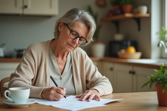 Femme remplissant un chèque CESU domicile à sa table de cuisine, illustration de la gestion de l'emploi à domicile
