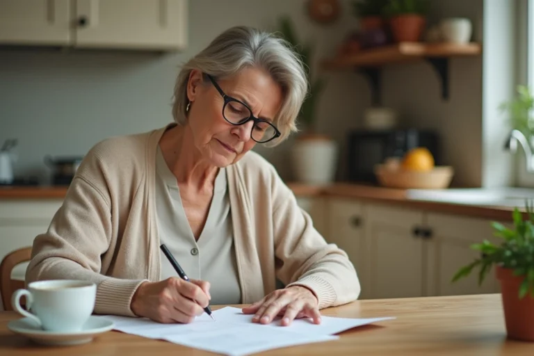 Femme remplissant un chèque CESU domicile à sa table de cuisine, illustration de la gestion de l'emploi à domicile