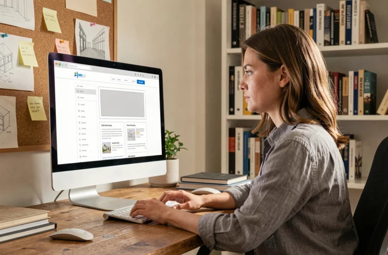 Femme consultant un wireframe de site web dédié aux conseils habitat sur un moniteur de bureau