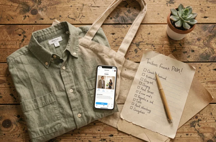 Flat lay de vêtements éco-responsables et d'accessoires durables pour un shopping en ligne tendance et conscient