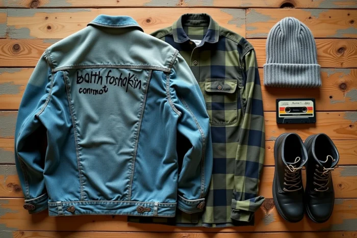 Flat-lay d'accessoires et vêtements grunge années 90 inspirés du style iconique de Kurt Cobain sur fond de bois vieilli