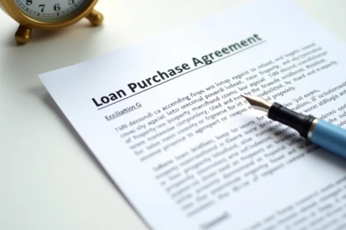 Vue aérienne d'une offre de prêt signée, d'un compromis de vente et d'une horloge symbolisant le délai avant la signature chez le notaire
