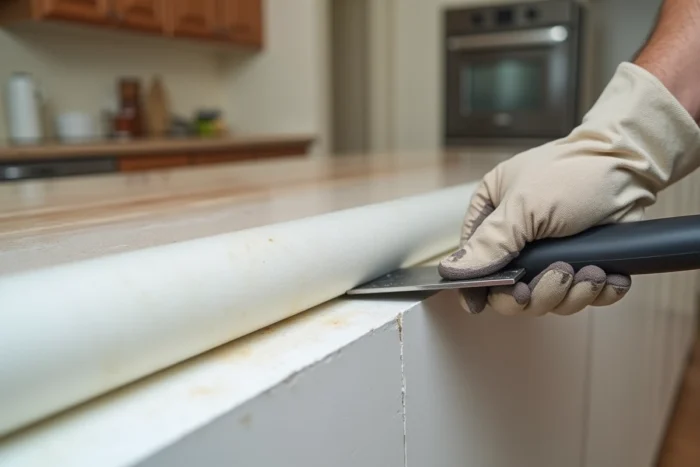 Pose d'un fond de joint en mousse polyéthylène dans l'espace entre un plan de travail et un mur avant application du mastic