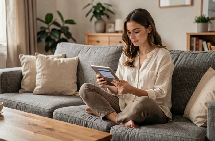 Jeune femme remplissant un formulaire de contact en ligne sur tablette depuis son salon