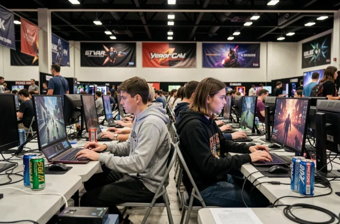 Deux gamers passionnés côte à côte sur leurs ordinateurs portables lors d'un événement LAN esports en 2024