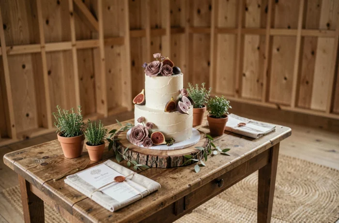 Gâteau de mariage tendance à trois étages décoré de fleurs pressées et figues sur table en bois rustique chic