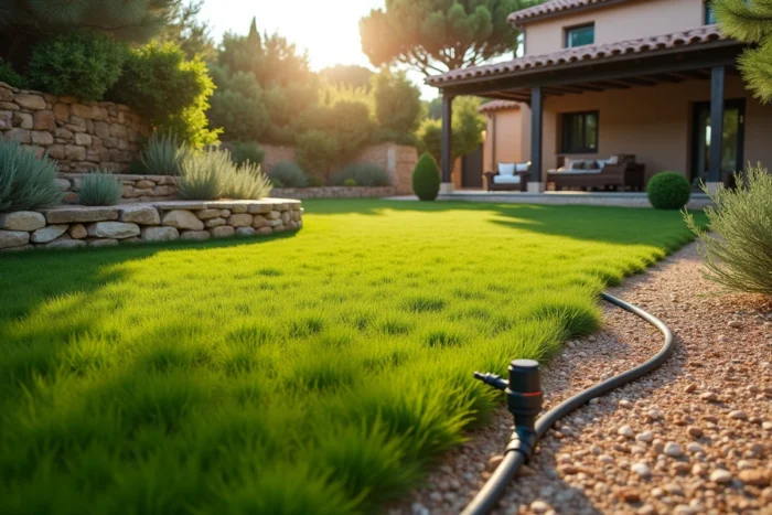 Pelouse de gazon résistant à la sécheresse dans un jardin méditerranéen aménagé avec des plantes adaptées au climat chaud