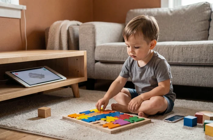 Enfant en bas âge délaissant une tablette posée sur une étagère pour jouer avec un puzzle en bois sur un tapis