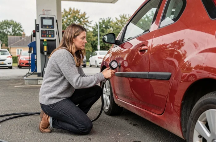 Femme gonflant les pneus de sa Citroën C2 à une station-service avec une borne de gonflage