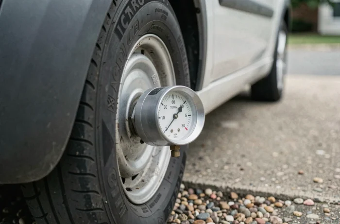 Gros plan sur un manomètre inséré dans la valve d'un pneu de Citroën C2 avec la marque du pneu visible