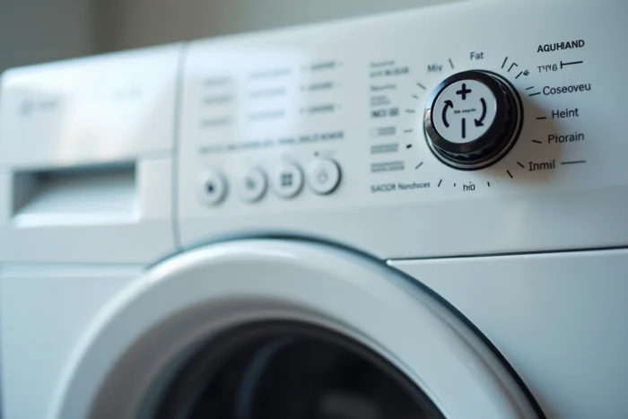 Gros plan sur les symboles d'essorage et le sélecteur de programme d'une machine à laver, montrant les pictogrammes de cycle d'essorage