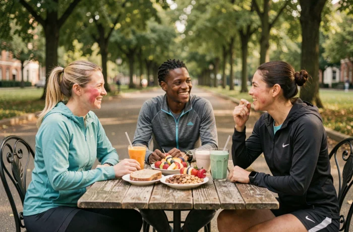 Groupe de coureurs partageant des collations nutritives saines à une terrasse de café après un footing en plein air