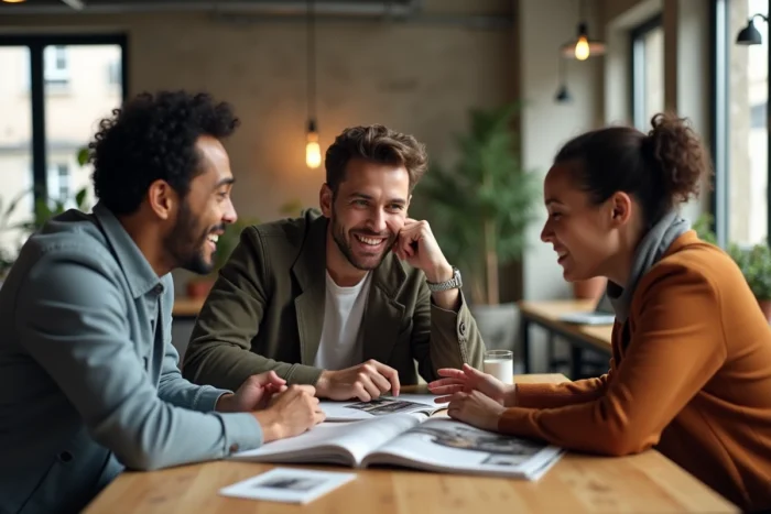 Groupe de personnes discutant autour du magazine Epershand dans un espace de coworking à Bordeaux