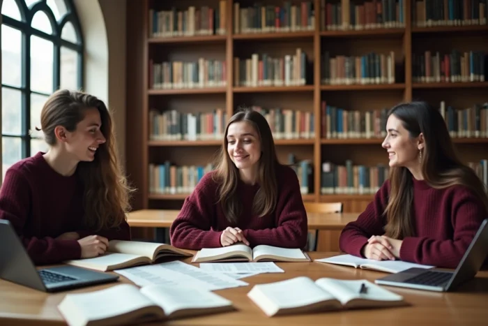 Groupe d'étudiants en sciences politiques discutant du classement des IEP français autour d'une table de bibliothèque universitaire