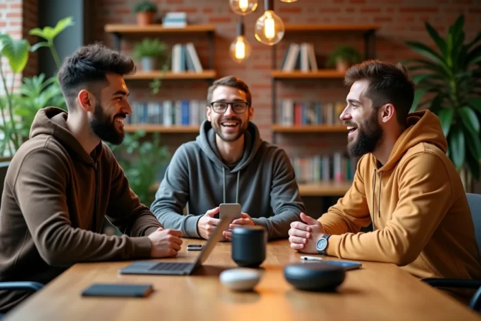 Groupe de jeunes professionnels discutant des dernières innovations tech autour d'une table de co-working