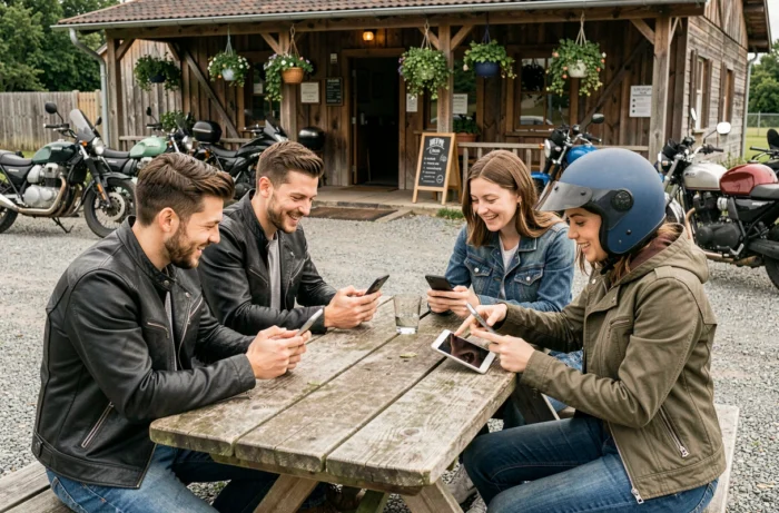 Groupe de motards passionnés partageant des discussions de forum moto sur leurs smartphones lors d'une pause en bord de route