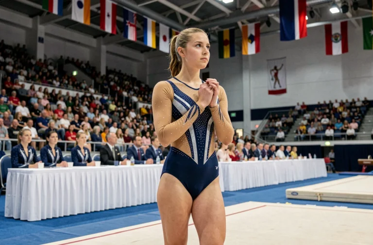 Gymnaste artistique féminine concentrée avant son passage en compétition individuelle dans une grande salle de sport officielle