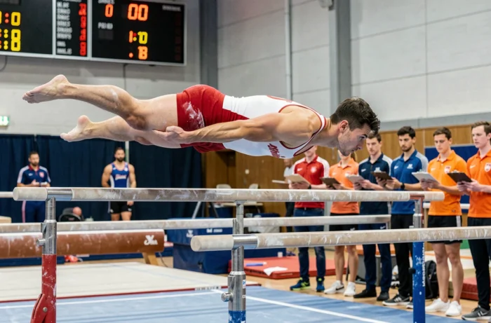 Gymnaste masculin en pleine exécution aux barres parallèles lors d'une compétition individuelle de gymnastique artistique