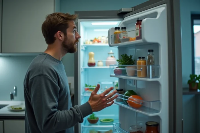 Homme scrutant le contenu de son réfrigérateur ouvert avec une expression affamée et amusée