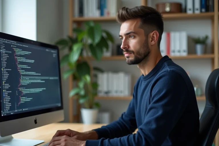 Homme concentré parcourant un annuaire de téléchargement en ligne sur son ordinateur de bureau dans un bureau moderne