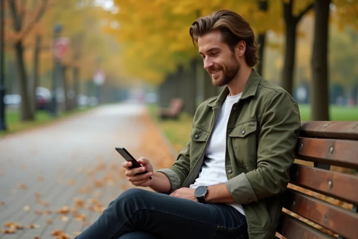 Homme utilisant une application de rencontres gay sur son téléphone dans un parc en automne