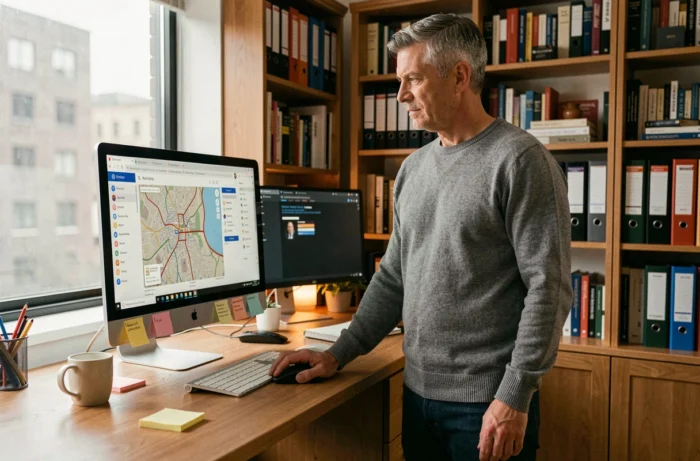 Homme d'âge moyen consultant le plan du site d'une plateforme d'emploi depuis son bureau à domicile