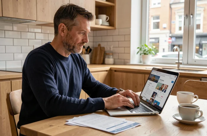 Homme comparant les meilleures banques en ligne sur ordinateur portable depuis son domicile pour gérer ses finances en 2024