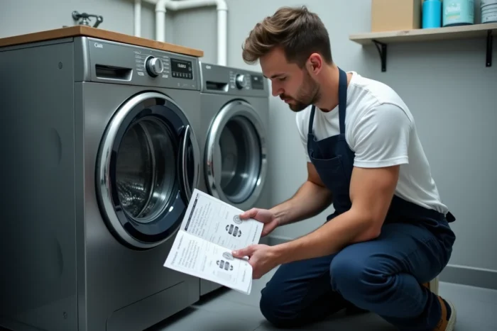 Homme consultant le manuel d'utilisation d'une machine à laver Valberg pour comprendre les symboles d'essorage dans une buanderie utilitaire