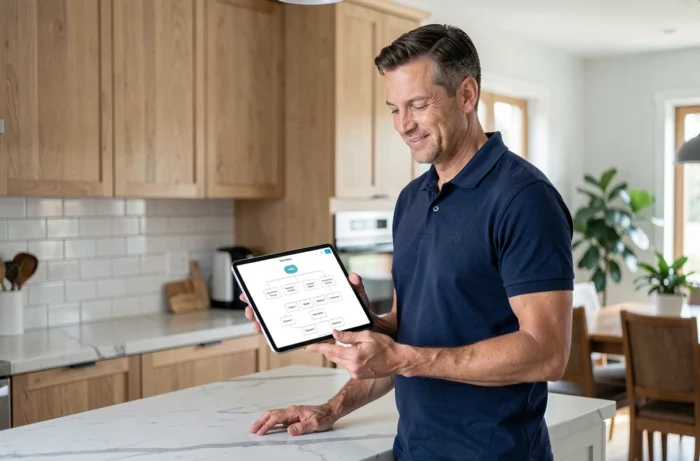 Homme consultant le plan du site d'un site de décoration intérieure sur une tablette dans la cuisine