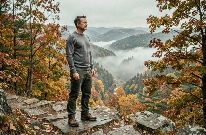 Homme en contemplation sur un sentier de montagne en automne symbolisant la quête spirituelle et la paix intérieure