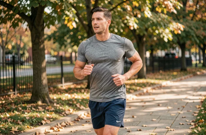 Homme en train de courir sur un chemin de parc urbain en automne, vue latérale dynamique