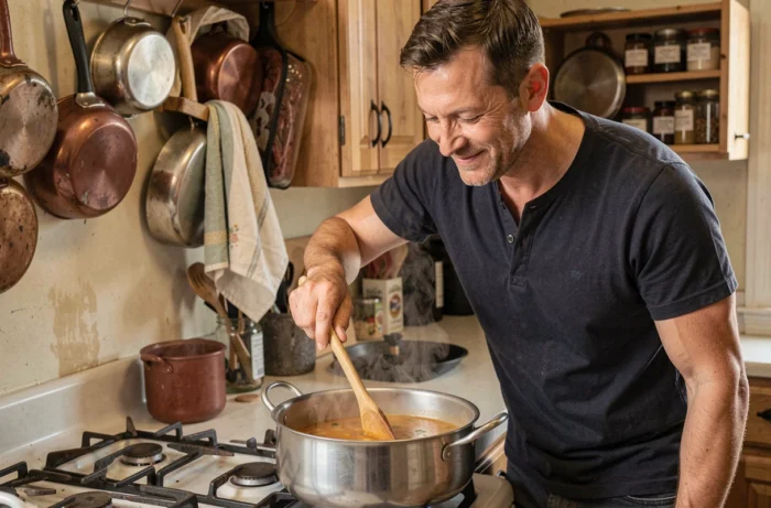 Homme souriant en train de préparer une soupe mijotée sur une cuisinière dans une cuisine conviviale