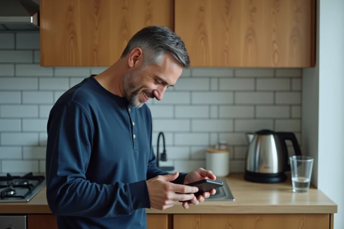 Homme consultant son téléphone en attendant la cuisson du riz dans une bouilloire électrique