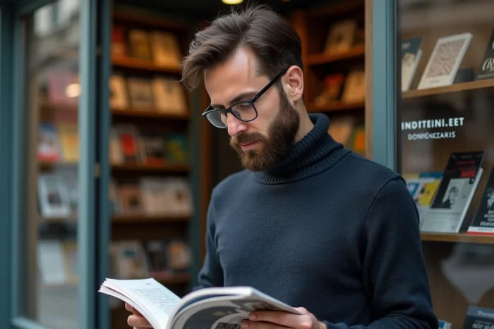 Homme lisant le magazine Epershand devant une librairie contemporaine à Bordeaux