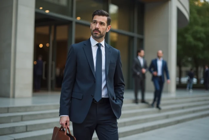 Homme politique en costume devant un bâtiment institutionnel parisien, illustrant la tension entre vie publique et vie privée