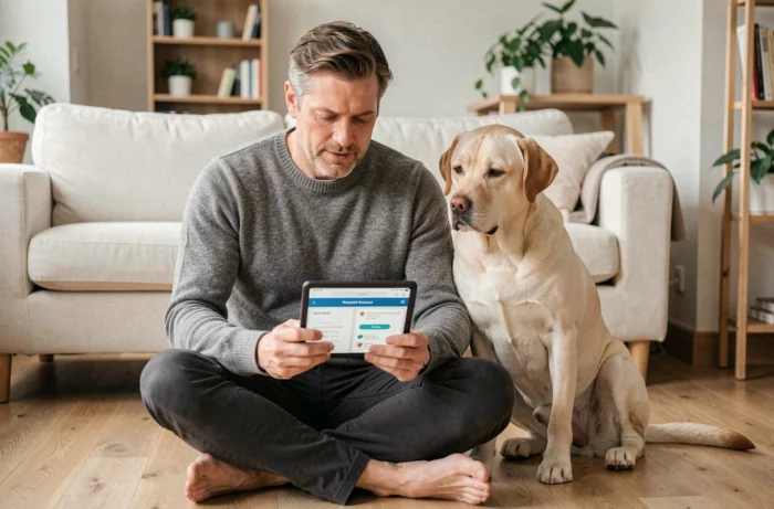 Homme utilisant une tablette pour faire un quiz comparatif sur le choix d'une race de chien dans un salon moderne